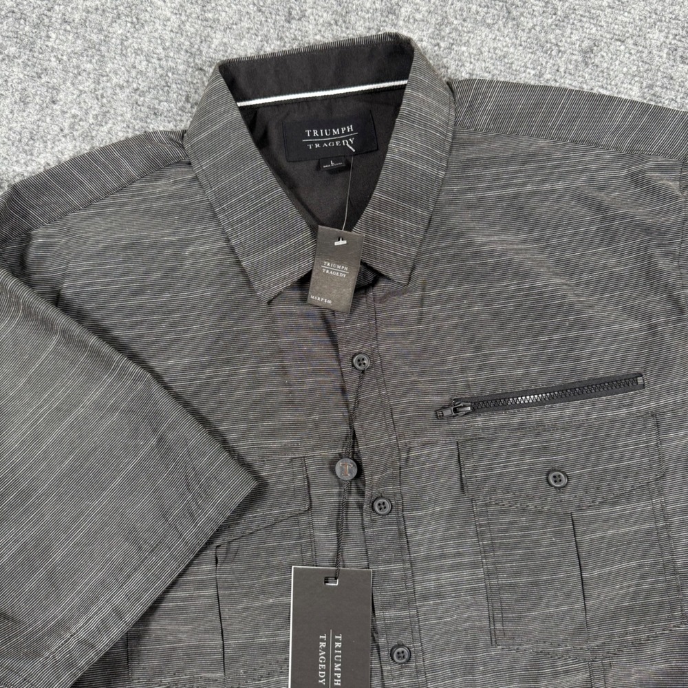 Triumph Tragedy Large Gray Striped Short Sleeve Button Up Shirt Pocket NWT Men's